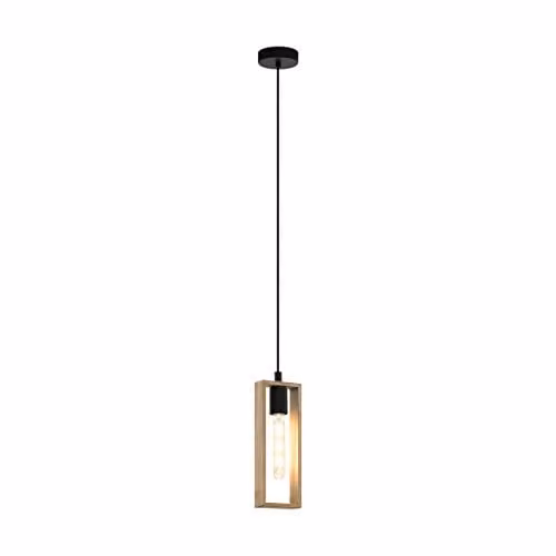 Loops Modern Hanging Ceiling Pendant Light in Black and Wood with Adjustable Height and E27 Socket