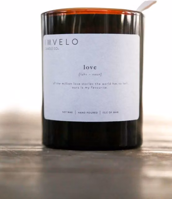 Imvelo Candle Co Definition Love Candle in Amber with Woodsmoke and Leather Scent