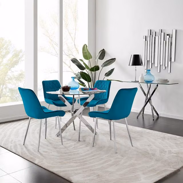 FurnitureboxUK Novara 100cm Round Glass Dining Table and 4 Pesaro Blue Upholstered Chairs with Silver Legs
