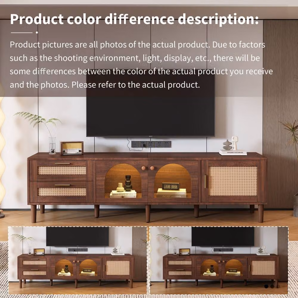 STILVORA Mid-Century Brown TV Cabinet with LED Lighting, Drawers, Rattan and Glass Details – 4