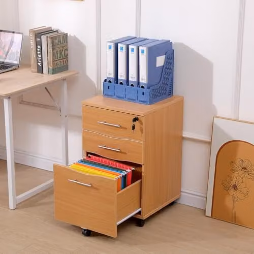 Moderna 3-Drawer Wooden Pedestal Filing Cabinet in Beech and Brown with Lock and Castors – 2
