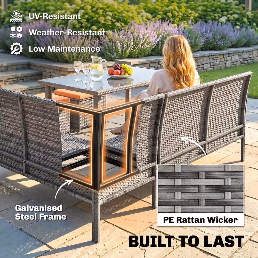 OUTSUNNY 5-Piece L-Shape Rattan Garden Dining Corner Sofa Set with Upholstered Cushions and Coffee Table in Blue – 5