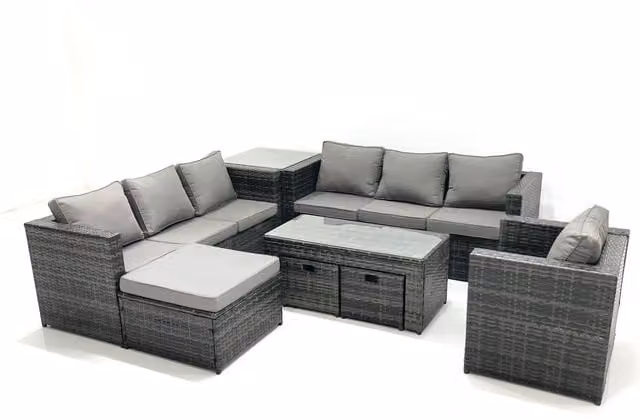 Fimous 10 Seater Rattan Outdoor Garden Furniture Set in Dark Grey with Coffee Table, Armchairs, Ottomans and Side Table
