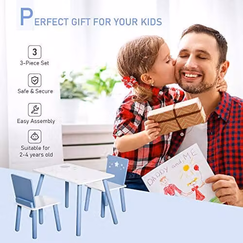 HOMCOM 3 Piece Kids Table and Chairs Set in Blue and White with Pine Wood Legs and Star Design – 4
