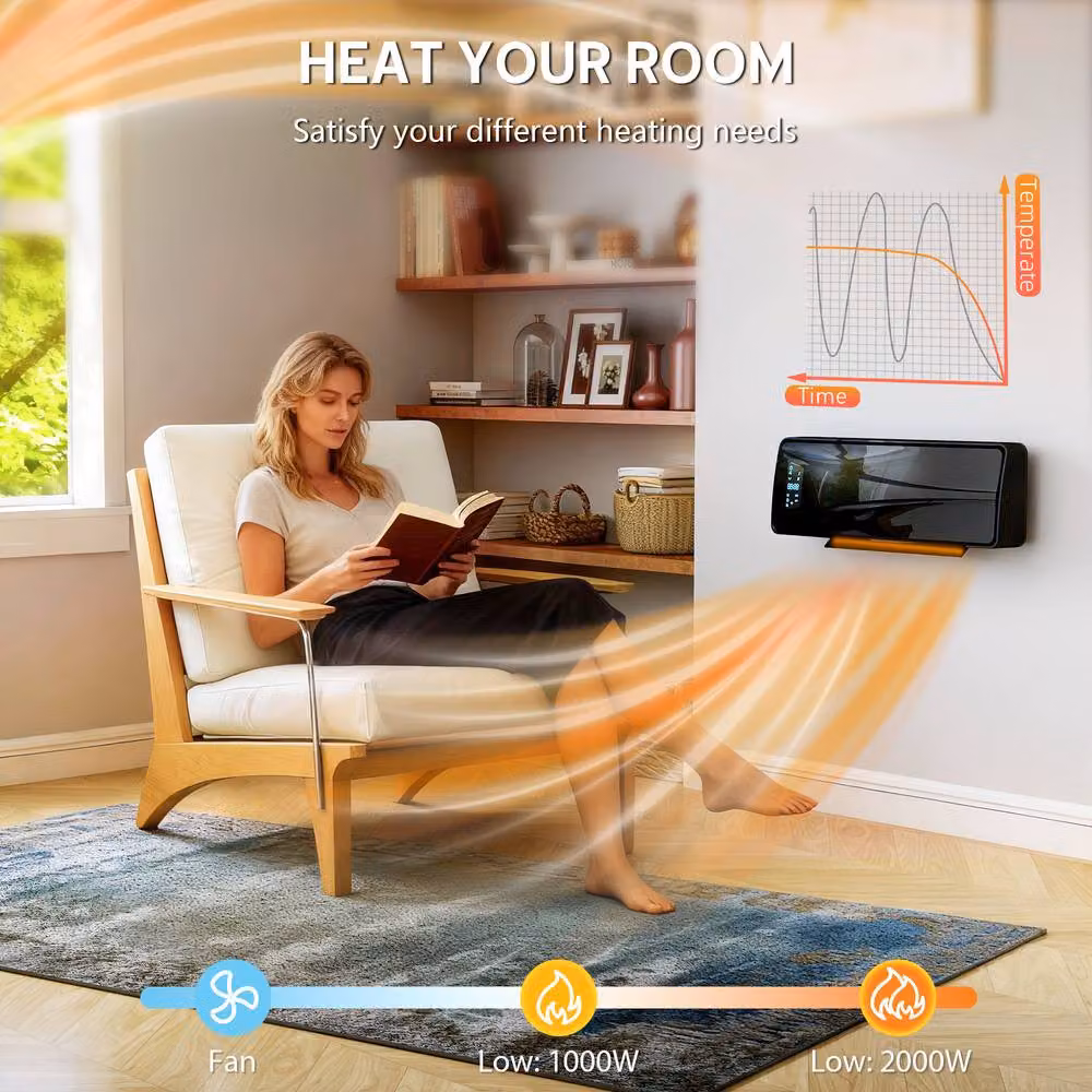 HOMCOM 2000W Ceramic Electric Wall Mounted Fan Heater with Timer, Thermostat and Open Window Detection in Black – 5