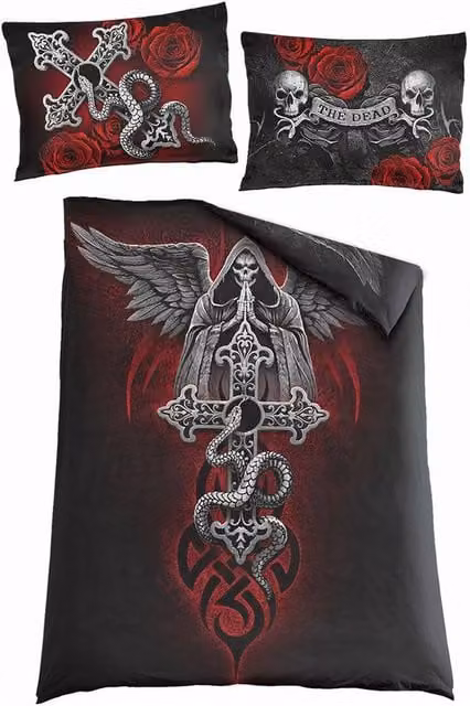 Spiral Direct The Dead Reversible Cotton Duvet Cover and Pillowcase Set in Black, W/D/H: 135 x 200 cm and 90 x 200 cm