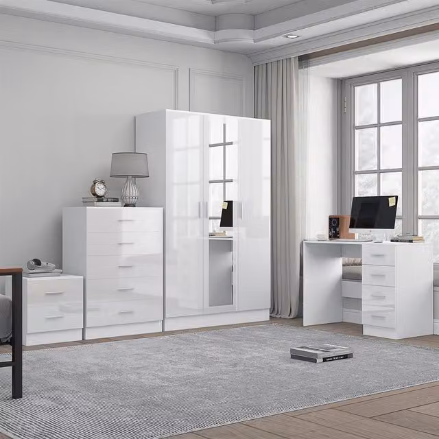 REFLECT Furniture Bundle featuring 3-Door Mirror, Chest, Bedside Table and Desk in White Gloss and Matt White