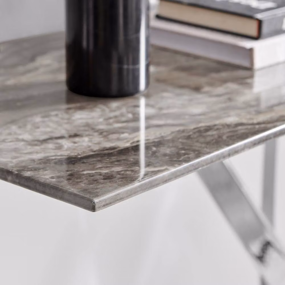 FurnitureboxUK Leonardo Rectangular Marble Effect Glass Top Console Table with Silver Metal Starburst Legs in Grey – 2