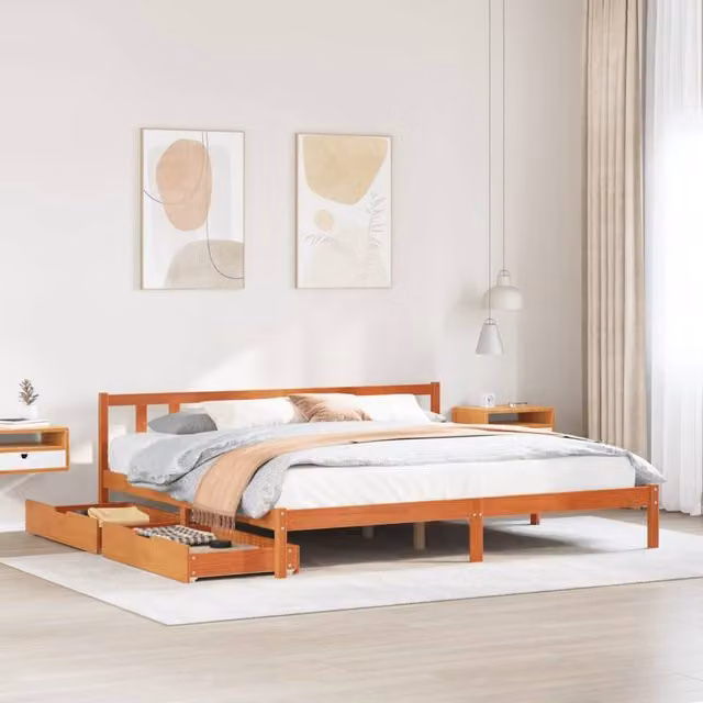 Berkfield Home Rustic Solid Wood Pine Bed Frame with Drawers, Wax Brown, W/D/H: 200 x 200 cm