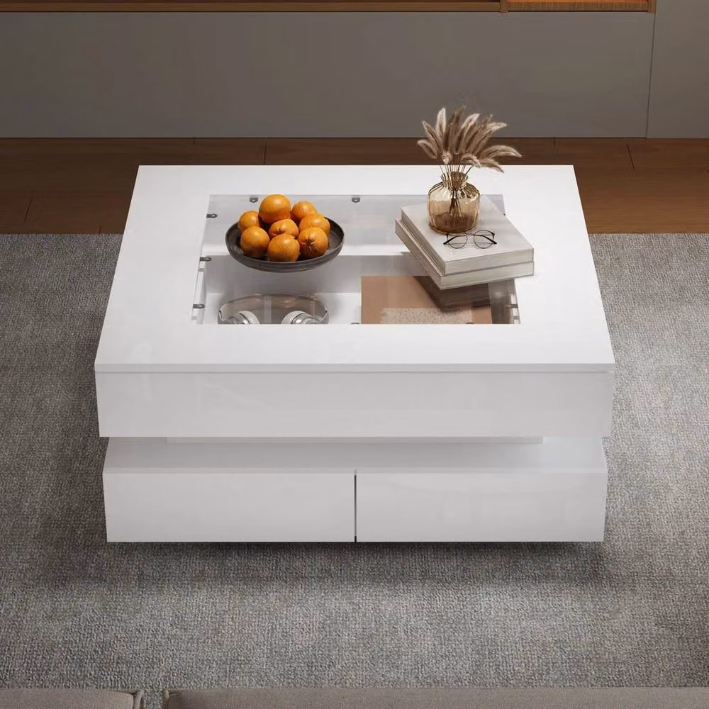 KORVIXA Modern Square Coffee Table with Storage in White and Glass, W/D/H: 70 x 70 x 35 cm – 2
