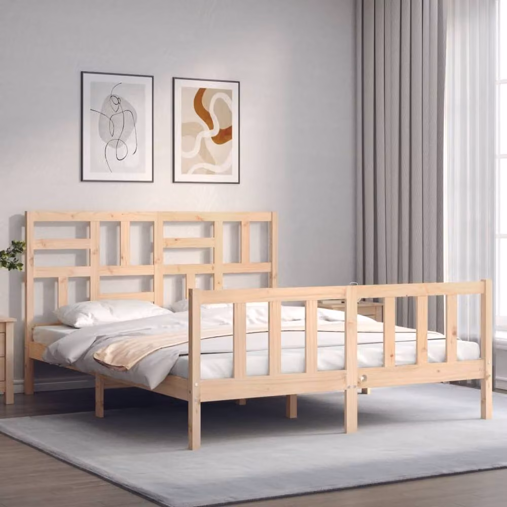Berkfield Home Solid Pine Bed Frame with Headboard in Beige, W: 160 cm, L: 200 cm – 2