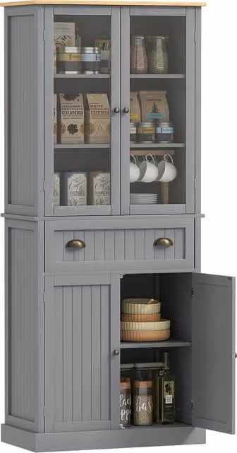 HOMCOM Grey Freestanding Tall Kitchen Pantry Cupboard with Glass Doors and Adjustable Shelves, Height: 180 cm – 1