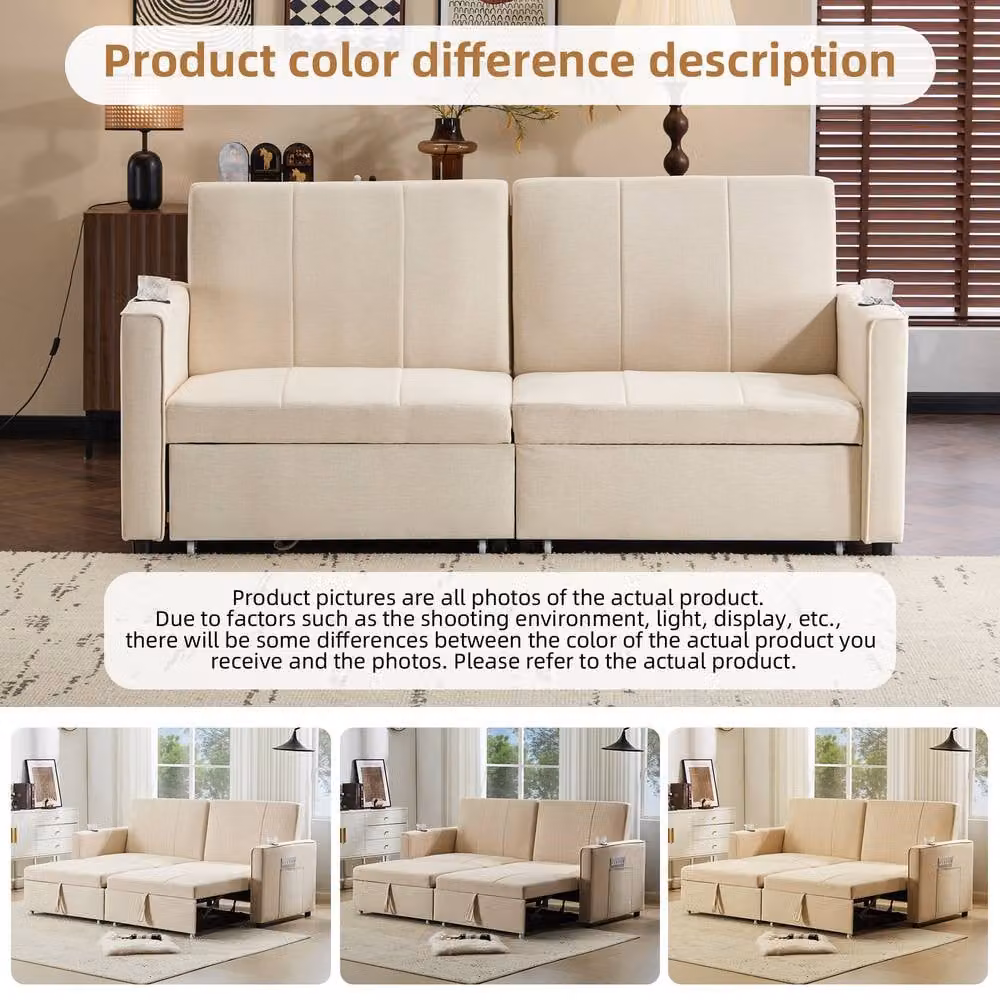 ModernLuxe 3-in-1 Convertible King Size Sofa Bed in Beige with Pull-Out Design and Adjustable Headrest – 3