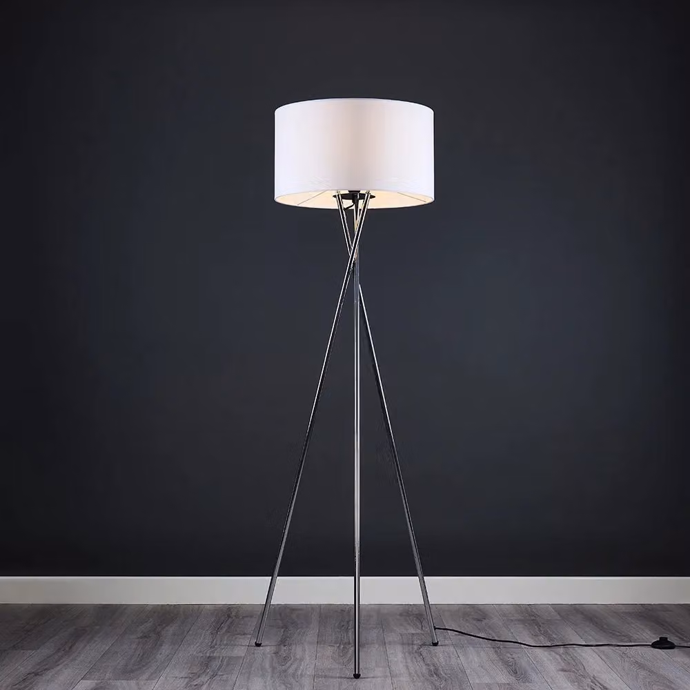 ValueLights Camden Polished Chrome Tripod Floor Lamp with White Fabric Drum Shade and Bulb – 3