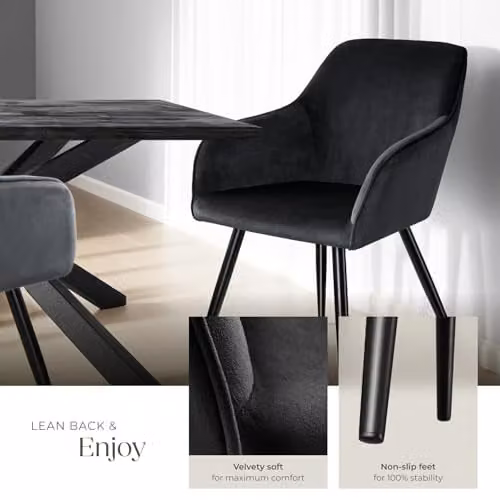 tectake Marilyn Dining Chair in Black Velvet with Armrests, W/D/H: 58 x 62 x 82 cm – 6