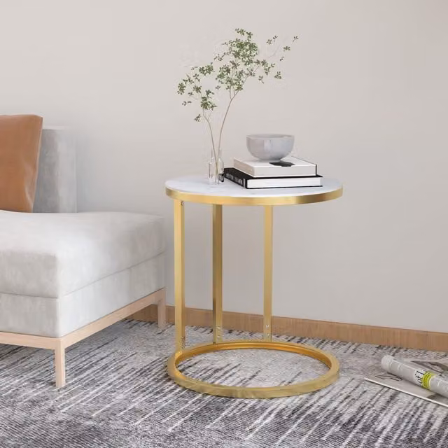 Berkfield Home Modern Round Side Table in Gold and White Marble with Tempered Glass, W/D/H: 45 x 45 x 45 cm