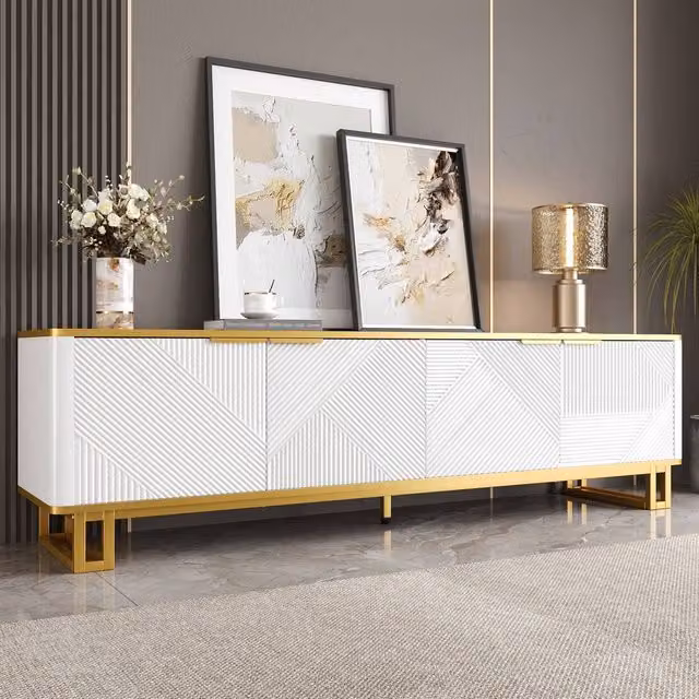 Merax White Modern TV Stand with 4 Doors and Metal Base, W: 160 cm, D: 48 cm, H: 48 cm