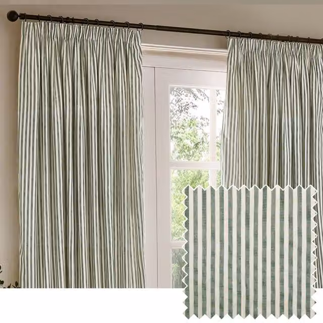 Make It A Home Hebden Striped Cotton Pencil Pleat Curtain Pair in Green, Width: 137 cm, Height: 117 cm