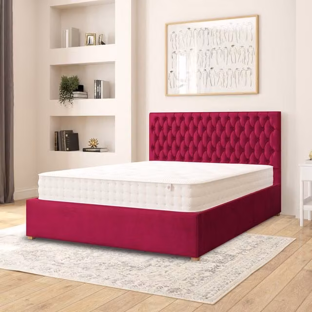 Aspire Chesterfield Velvet Upholstered Ottoman Storage Bed with Lift Up Base, Pink/Red, 180 x 200 cm