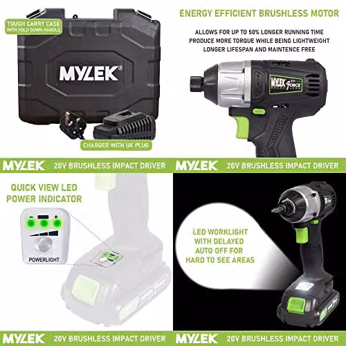 Mylek 4ORCE Cordless Brushless Impact Drill Driver 20V in Black with 2000Ah Battery, Fast Charger, Variable Speed 0-2400RPM, 280Nm, 0-3200BPM and LED Work Light – 2