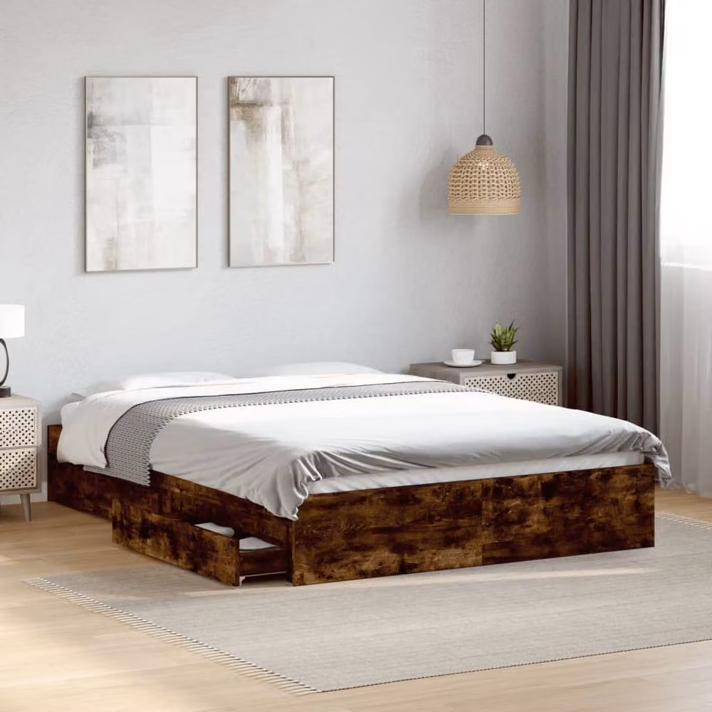 Berkfield Home Modern Bed Frame with Drawers in Smoked Oak Brown, W: 140 cm, D: 200 cm – 2