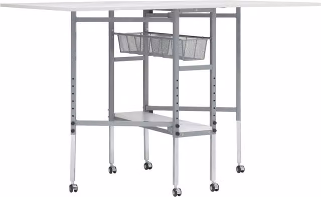 Sewing Online White Quilting Fabric Cutting Table with Extendable Drop Leaf and Height Adjustable Metal Legs on Castors