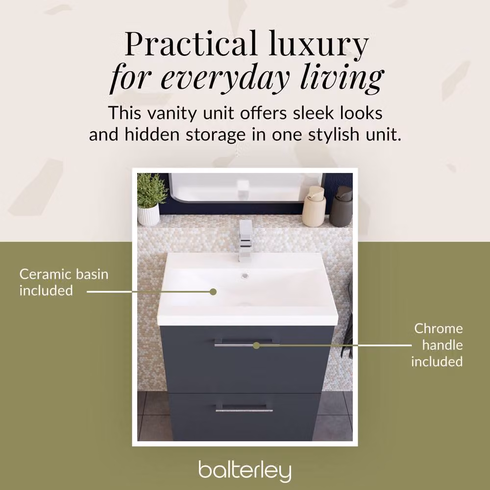 Balterley Modern 2 Drawer Floor Standing Bathroom Vanity Unit with Rectangular Mid-Edge Basin, Dark Grey, W: 61 cm, D: 39 cm, H: 84 cm – 3