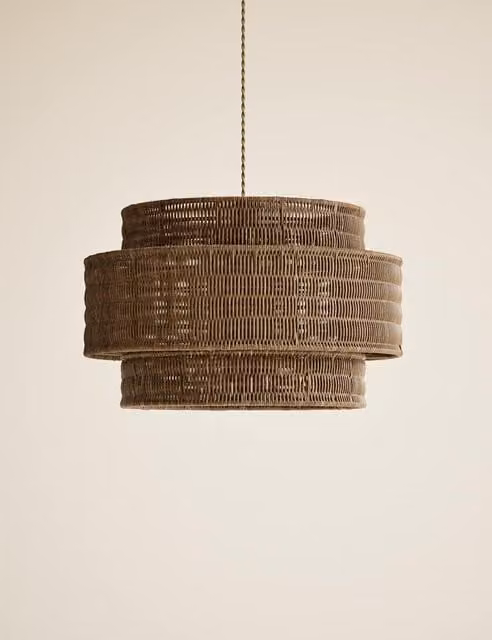 M&S Rustic Rattan 3 Tiered Easy Fit Cylinder Lampshade in Beige and Brown