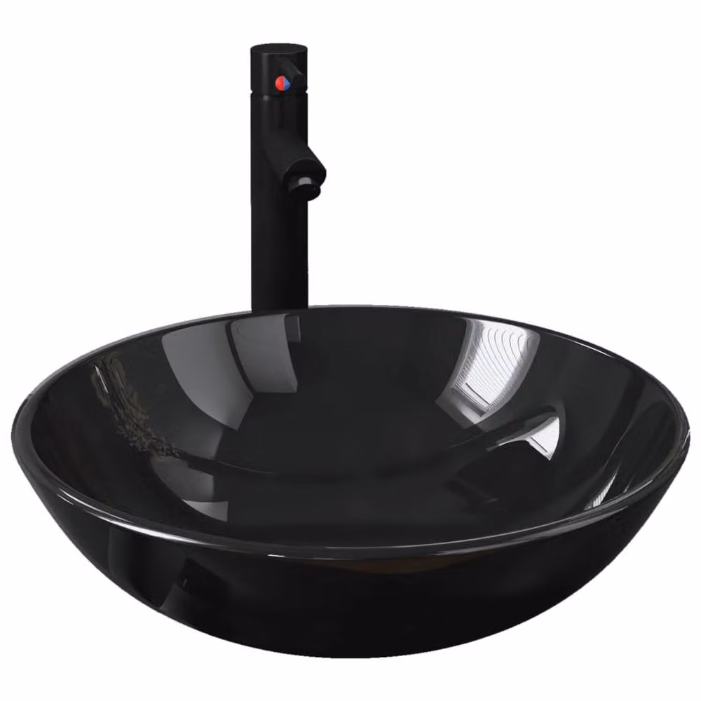 Berkfield Home Round Black Tempered Glass Countertop Bathroom Sink with Tap and Push Drain, W: 42 cm, D: 42 cm, H: 13 cm – 2