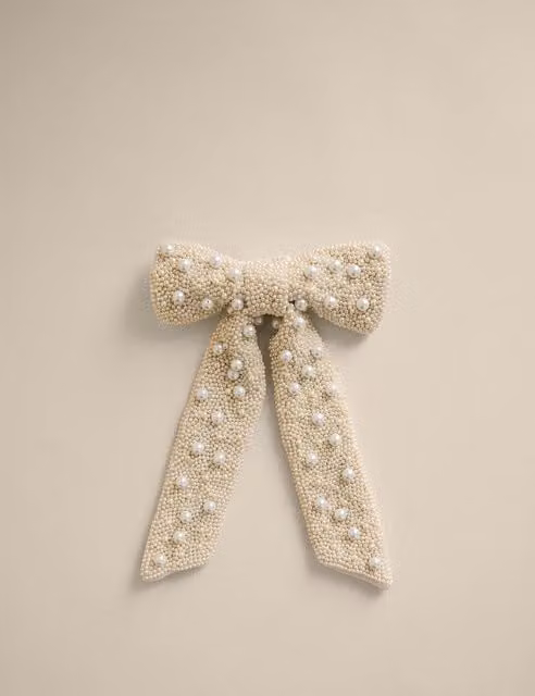 M&S Cream Pearl Beaded Bow Christmas Tree Topper in White and Beige