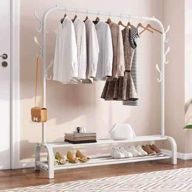 EONLION White Metal Clothes Rail and Shoe Rack with Lacquered Garment Hanging Stand