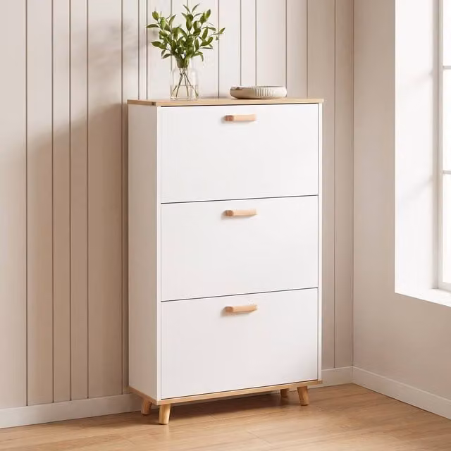 STILVORA White Shoe Cabinet with 3 Tilting Compartments and Internal Shelves, W/D/H: 122 x 23.5 x 70 cm