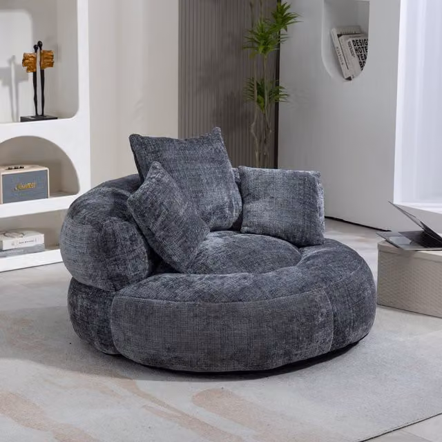 Aosom UK Grey Chenille Bean Bag Chair with 3 Pillows and Shredded Memory Foam Filling, W/D/H: 108 x 108 x 52 cm – 1