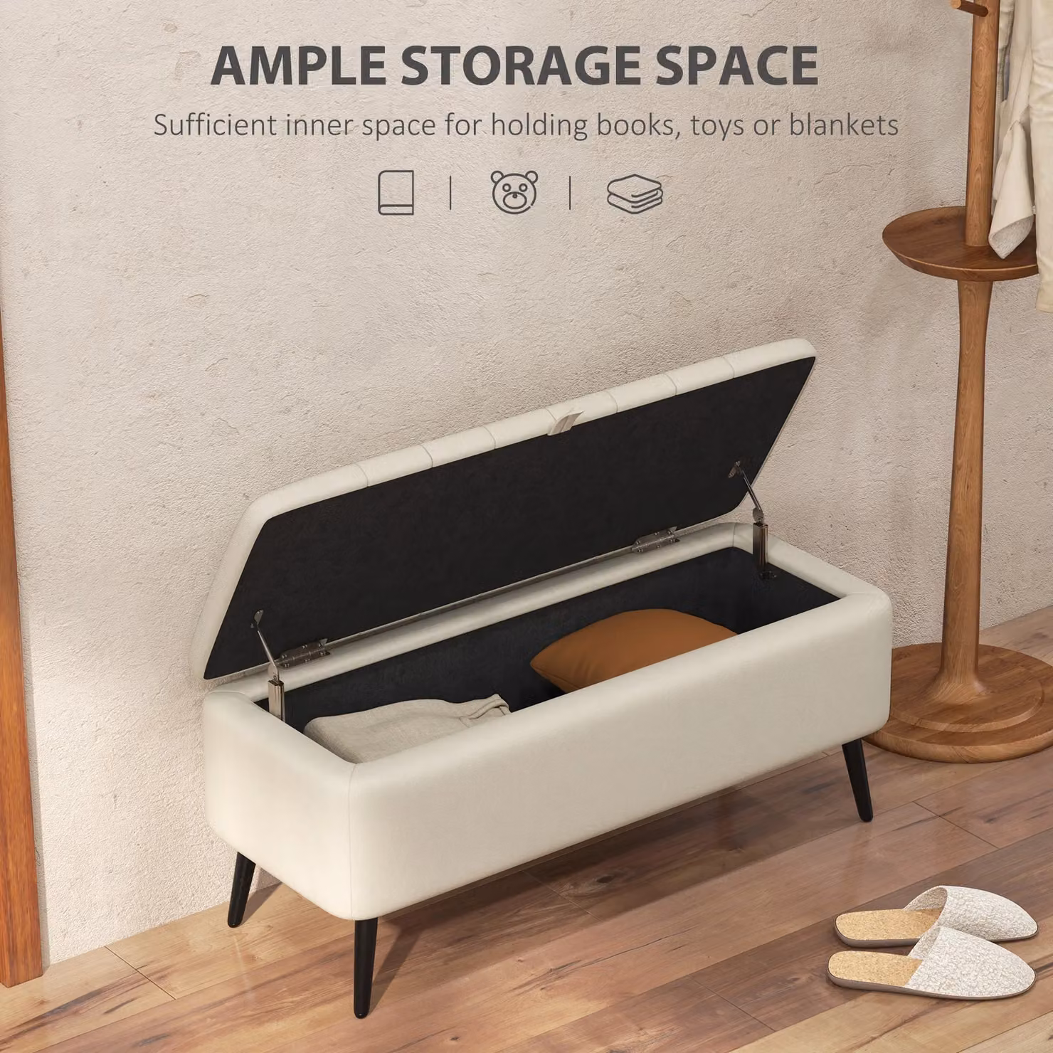 HOMCOM Storage Ottoman Bench in Cream White Linen Fabric with Metal Legs – 3