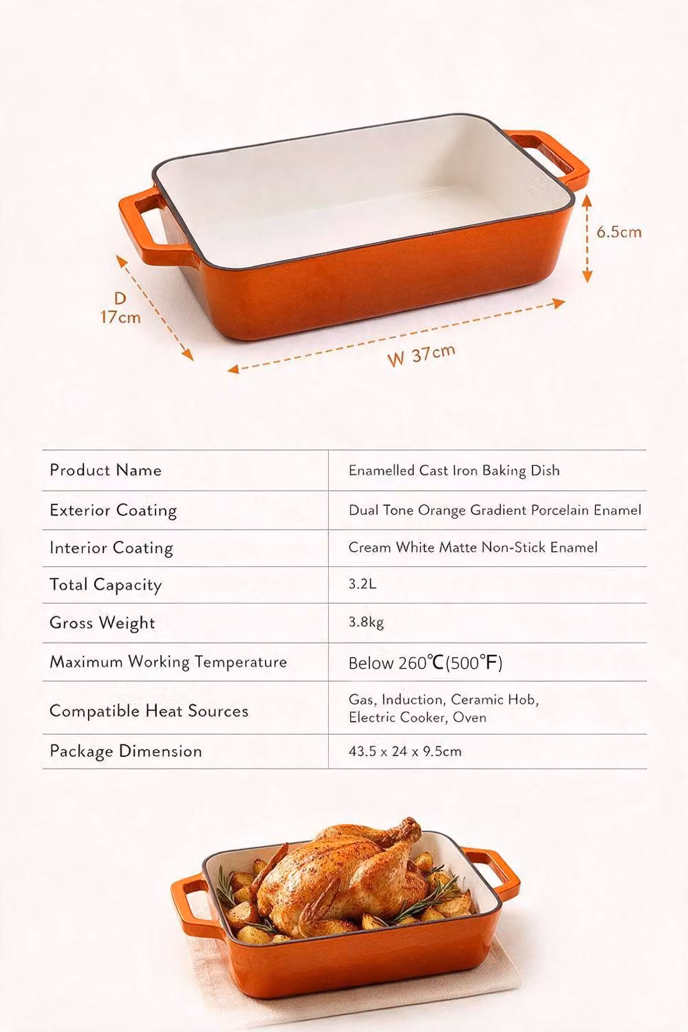ExtraStar Enamelled Cast Iron Rectangular Casserole Dish with Handles, Orange – 6