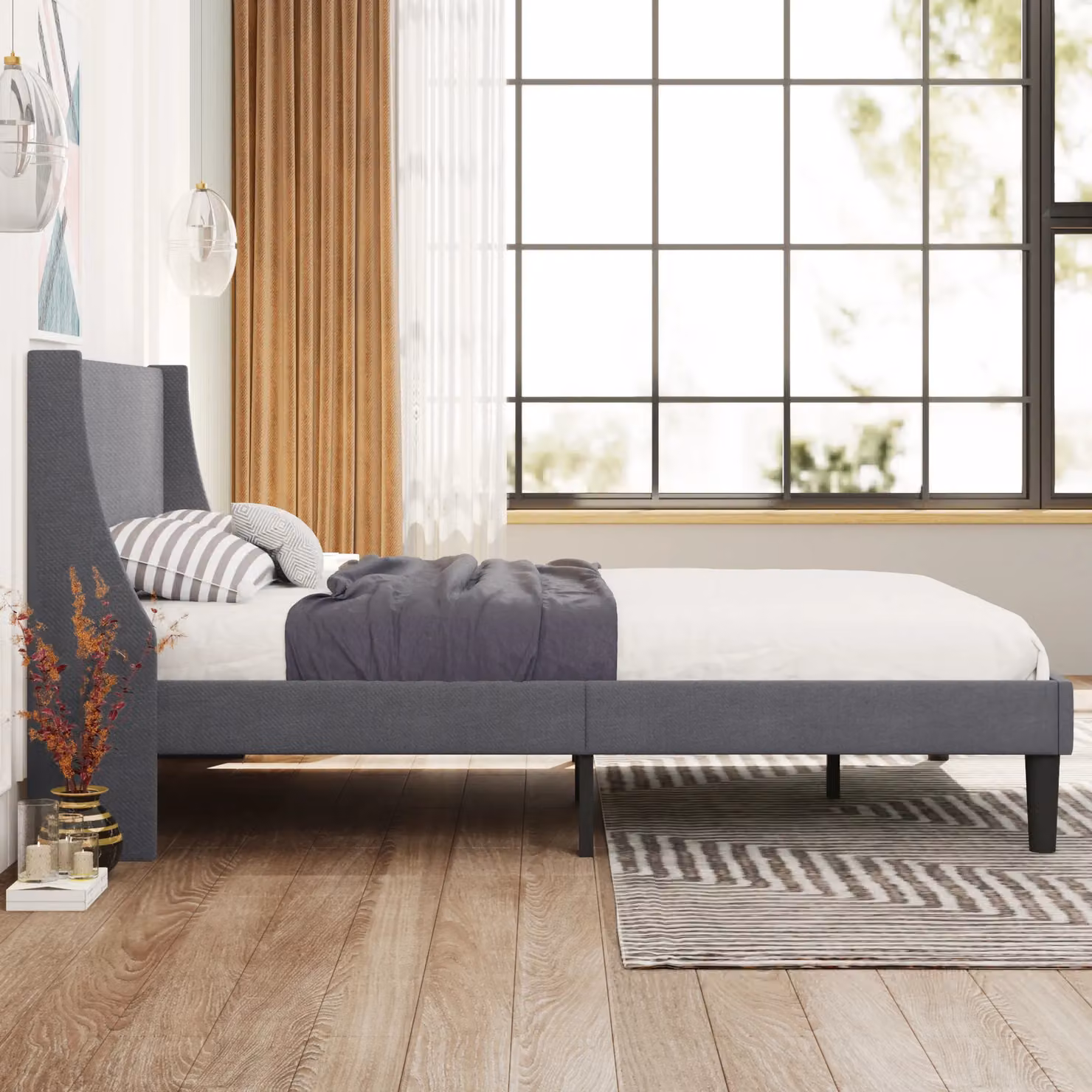 AKA Single 3FT Upholstered Bed with Winged Headboard and Wood Slat Support in Grey – 2