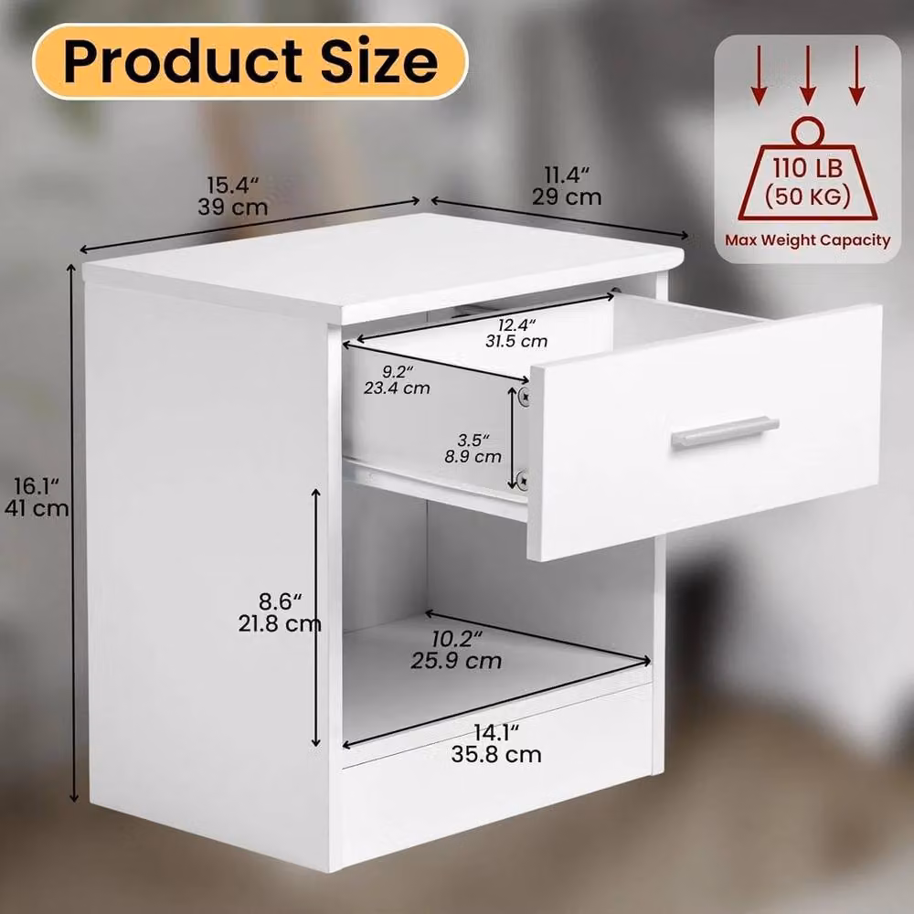 VOGREX Set of 2 Modern White End Tables with Drawer and Shelf – 2