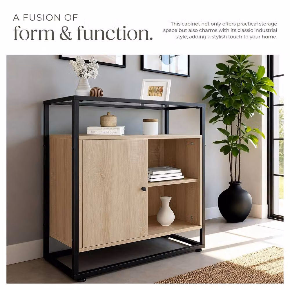tectake Coventry Sideboard in Light Oak with Glass Tabletop and Open Shelves – 4