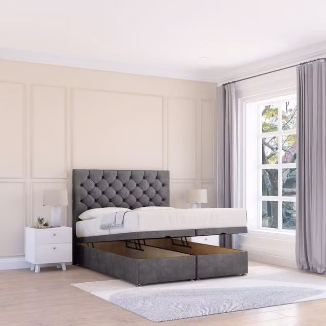 Sloomy Mayfair Double Ottoman Bed with 26 Inch Chesterfield Headboard and Hybrid Memory Mattress in Dark Grey, W/D/H: 140 x 200 cm