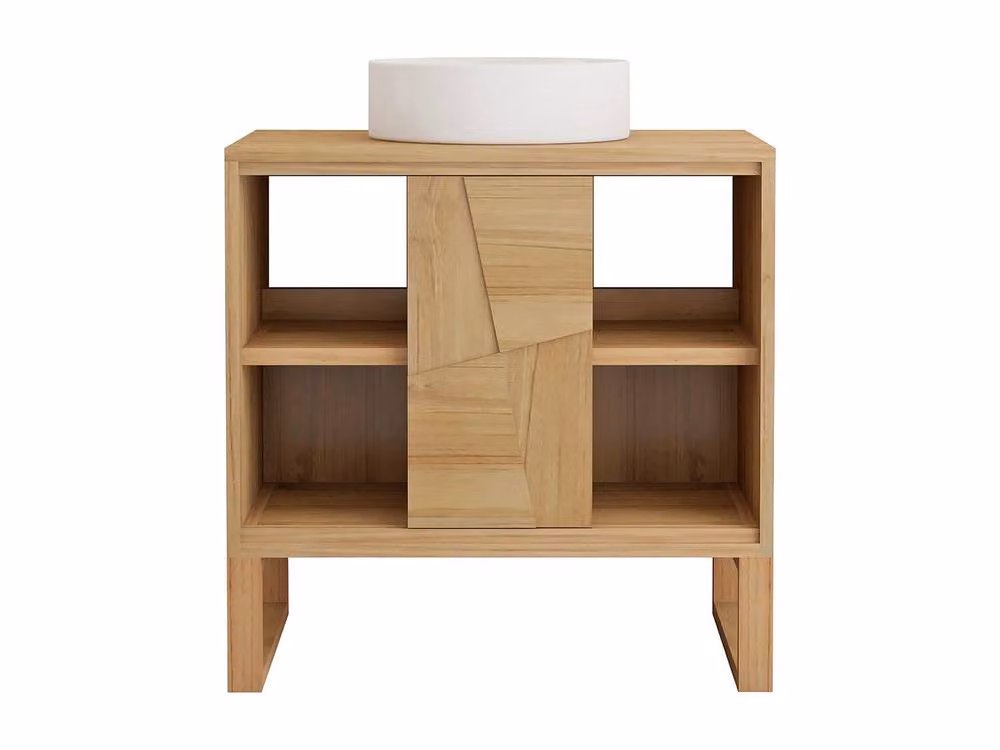 Vente-unique Freestanding Teak Bathroom Vanity Unit with Round Ceramic Countertop in Light Oak – 2