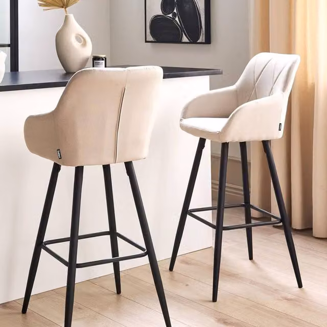 Wyld and Coco Set of 2 Beige Quilted Fabric Bar Stools with Armrests and Metal Base