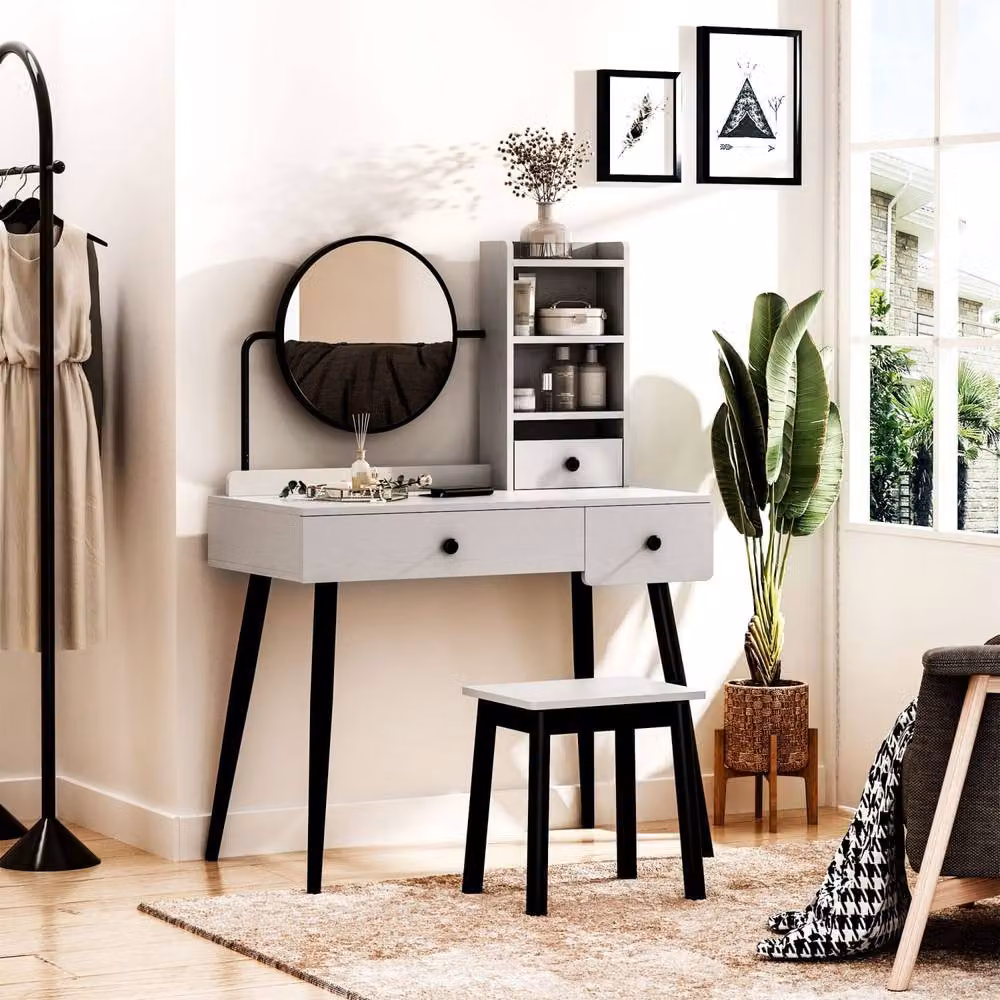 Wyld Haus Ravato Grey Dressing Table and Stool Set with 3 Drawers and Open Shelving – 3