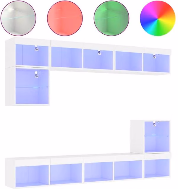 Berkfield Home 8 Piece Modern White TV Wall Unit Set with Integrated LED Lighting and Glass Doors