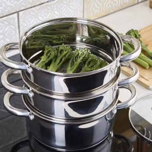 Cooks Professional 3 Tier Stainless Steel Steamer Pan in Silver with Glass Lid, Diameter: 22 cm – 3