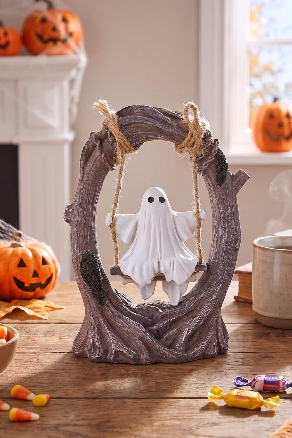 Living and Home Halloween Ghost on Tree Swing Rustic Tabletop Figurine in Brown and White – 2