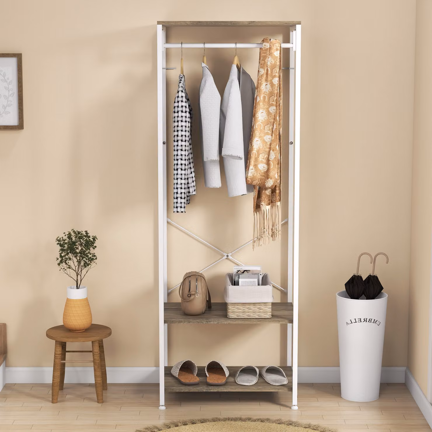 HOMCOM Modern Hallway Coat Rack and Shoe Bench Tree in Grey – 3
