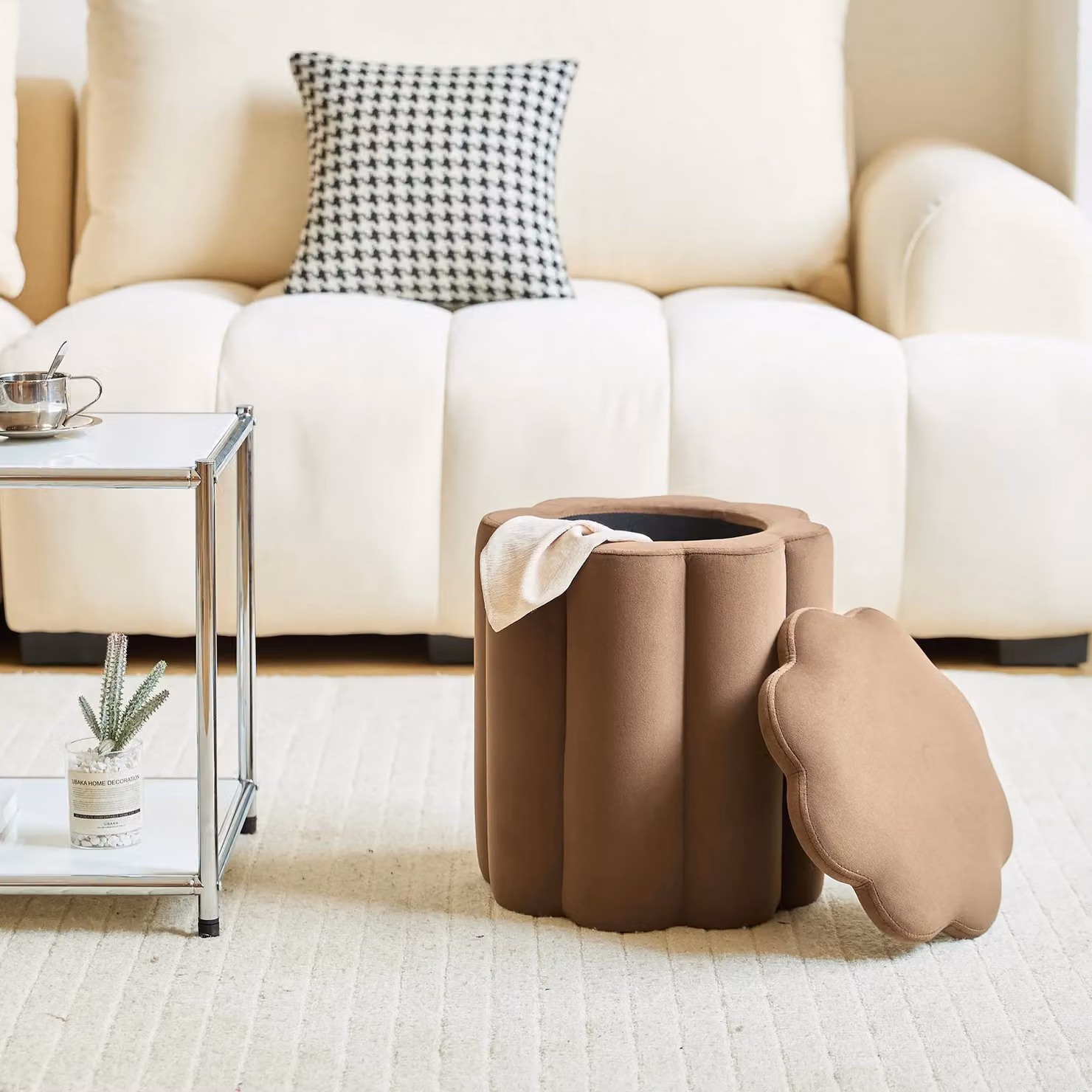 Nordlys Brown Velvet Cylindrical Storage Ottoman – 2