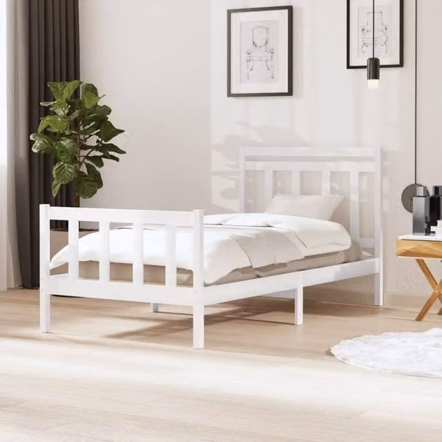 Berkfield Home White Solid Pine Wood Bed Frame W/D/H: 100 x 200 cm
