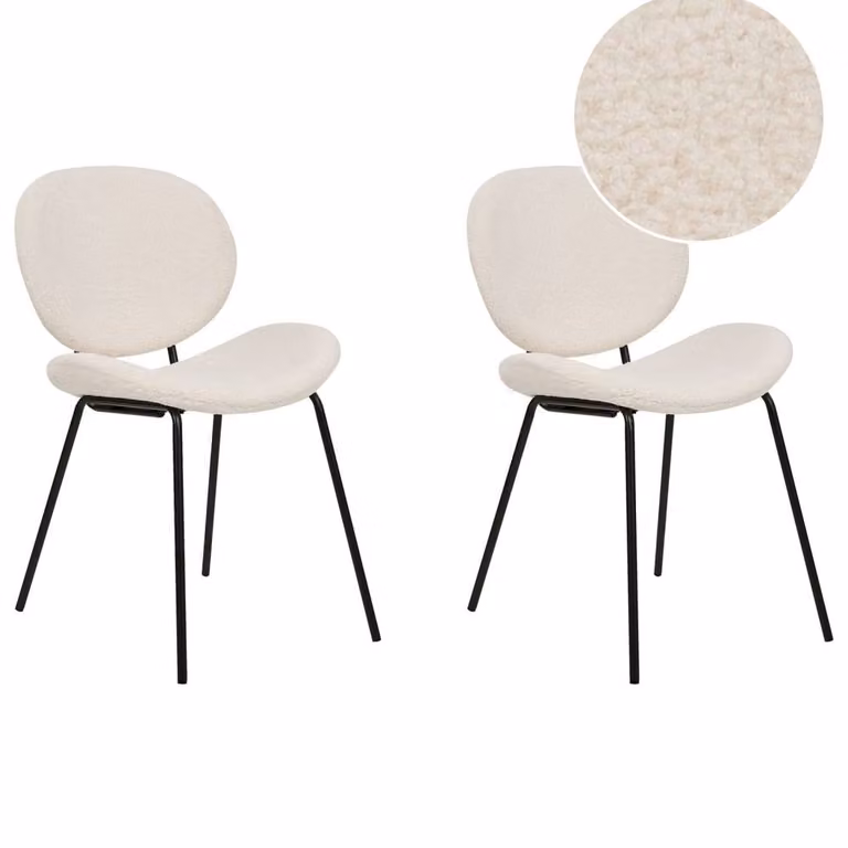 Wyld and Coco Set of 2 White Boucle Armless Dining Chairs with Black Metal Legs