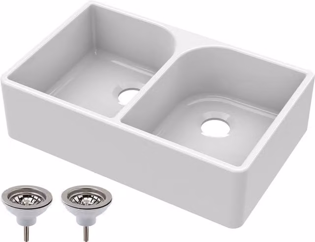 Balterley 2 Bowl Fireclay Butler Sink with Full Weir Wastes, White, W: 79.5 cm, D: 50 cm, H: 22 cm